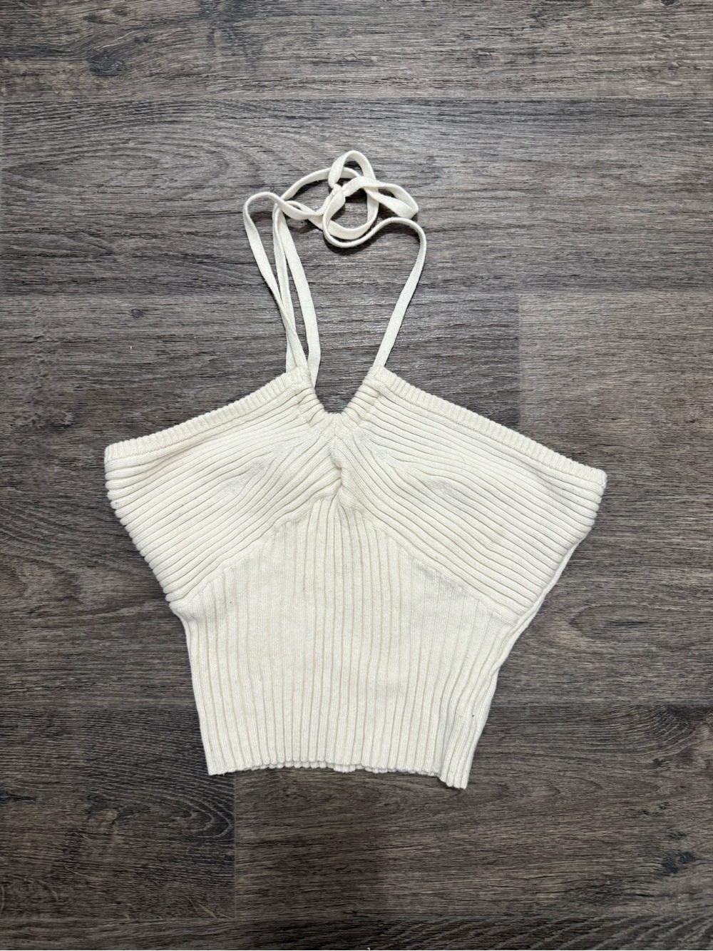 American Eagle Outfitters Cream Ribbed Halter Crop Top